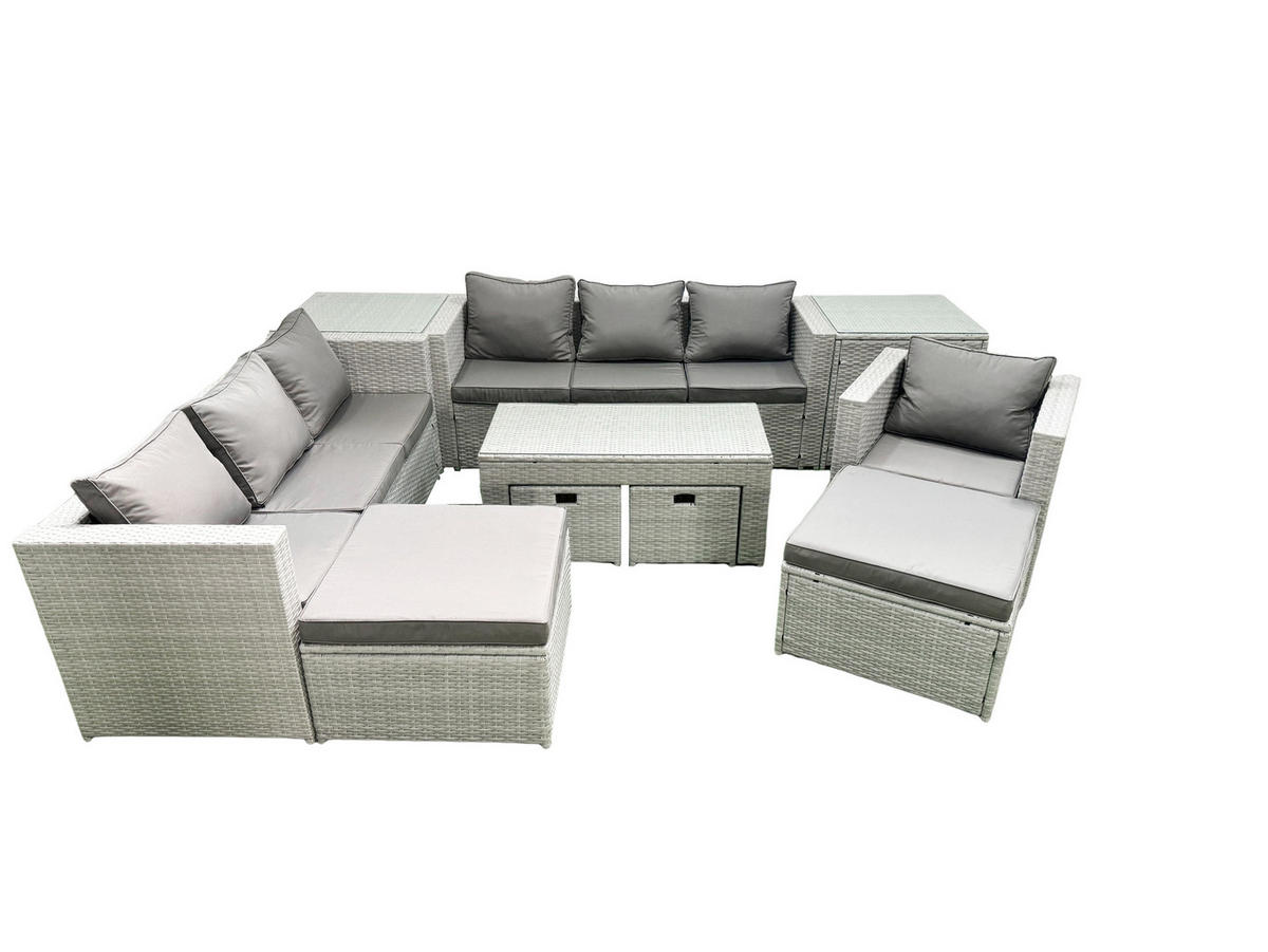 BALKONMÖBEL-SET Polyrattan Hellgrau-Mix 11-teilig - Hellgrau/Grau, Glas/Kunststoff - Fimous