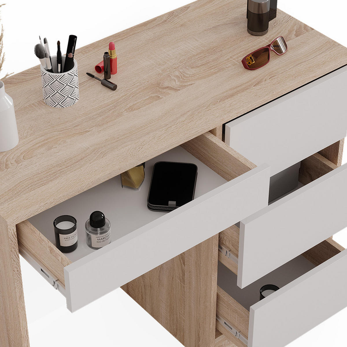 SCHREIBTISCH Sherry Sonoma 90 cm mit 4 Schubladen - Weiß/Sonoma Eiche, Holzwerkstoff (40/90/75cm) - Vicco