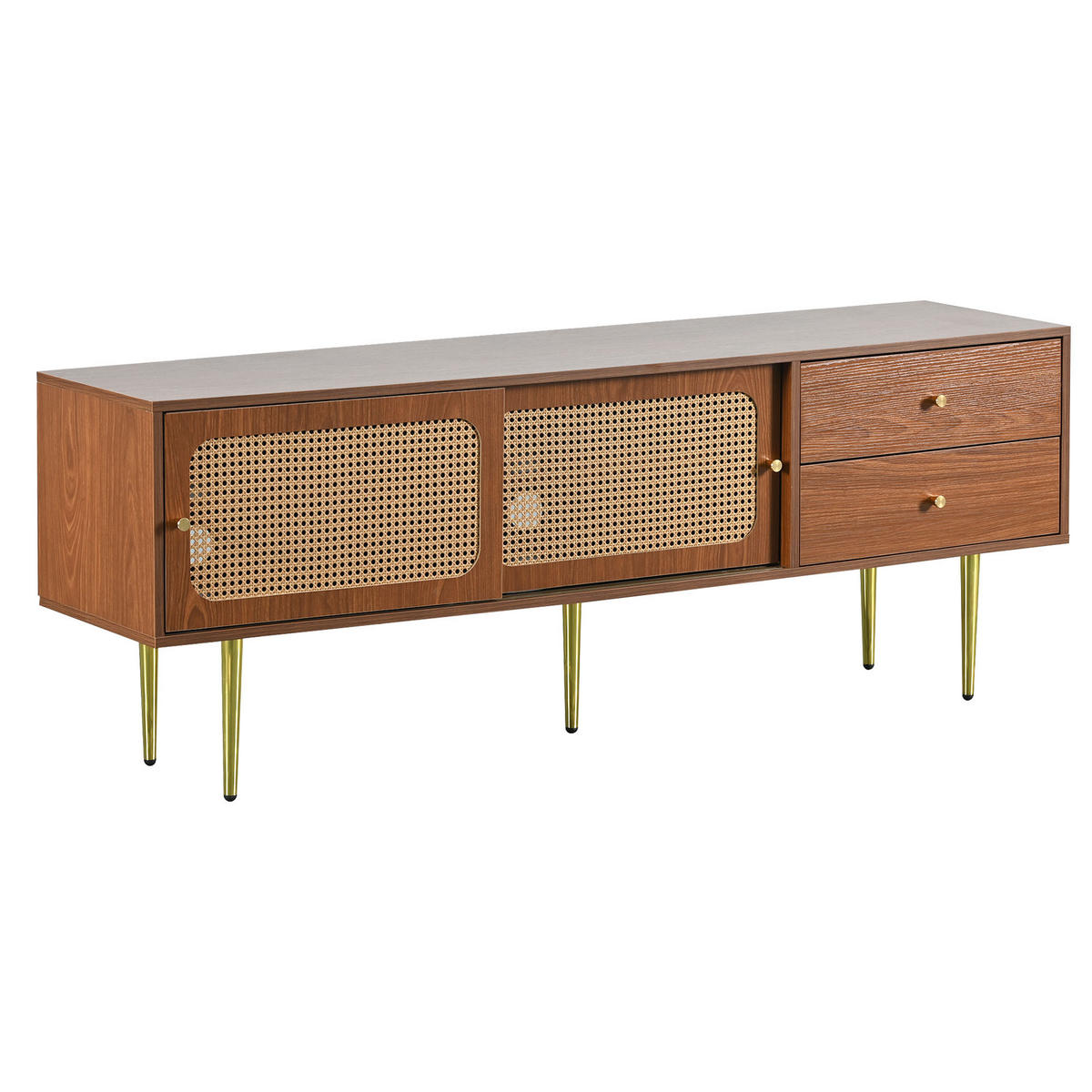TV-ELEMENT 160/40/60 cm Nussbaumoptik mit Rattan-Schiebetüren und Schubladen - Nussbaumfarben, Holzwerkstoff (40/60/160cm) - Korfee