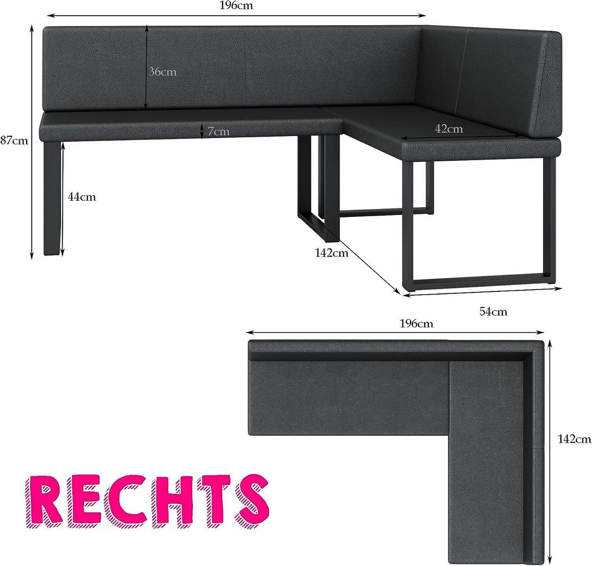ECKBANK Alina - Kunstleder - 142 x 196 cm - Rechts - Braun - Braun, Leder/Metall (142/196cm) - AN-Moebel 4u