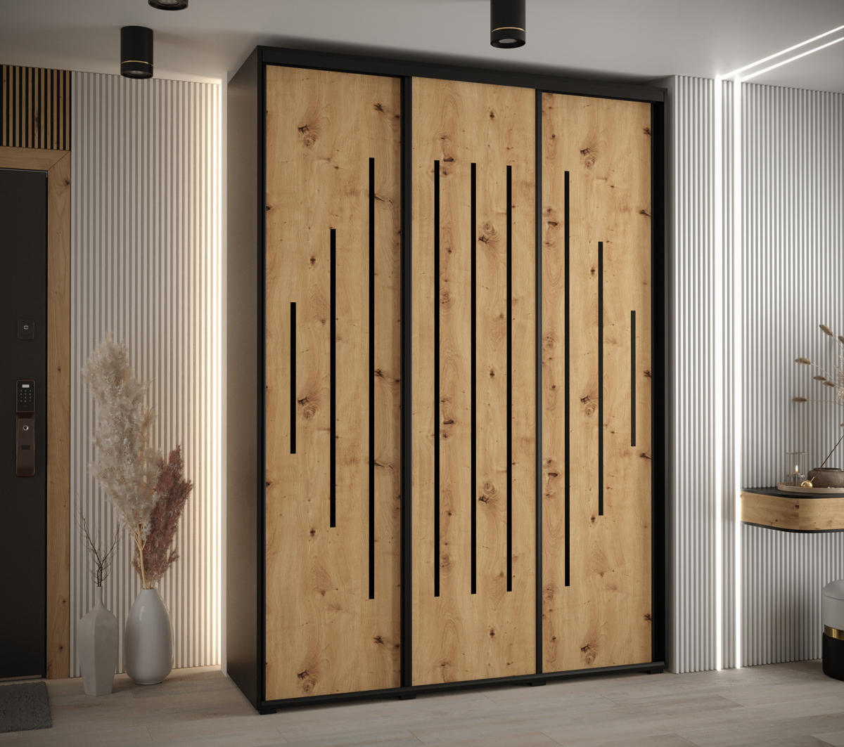 SCHWEBETÜRENSCHRANK 235,2/170/45 3-türig - Schwarz/Eiche Artisan, Holz/Metall (170/235/45cm) - Abiks Möbel