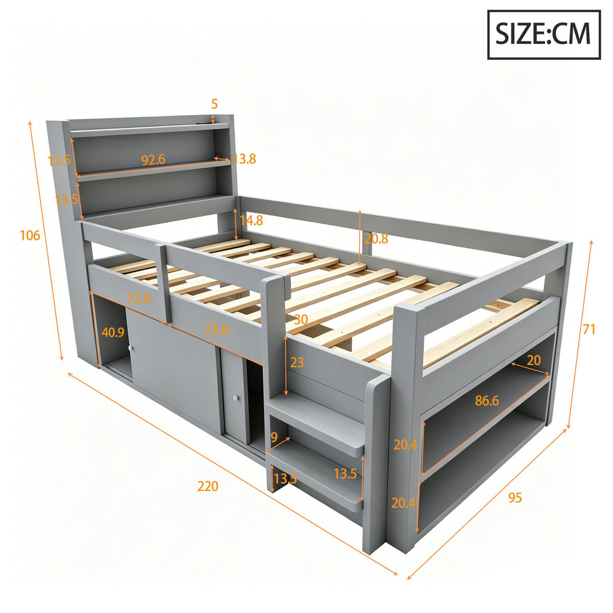 HOCHBETT 90/200 cm in Grau aus Holz mit LED, USB, Stauraum und Schutzgittern - Grau, Holz/Holzwerkstoff (90/200cm) - WISHDOR