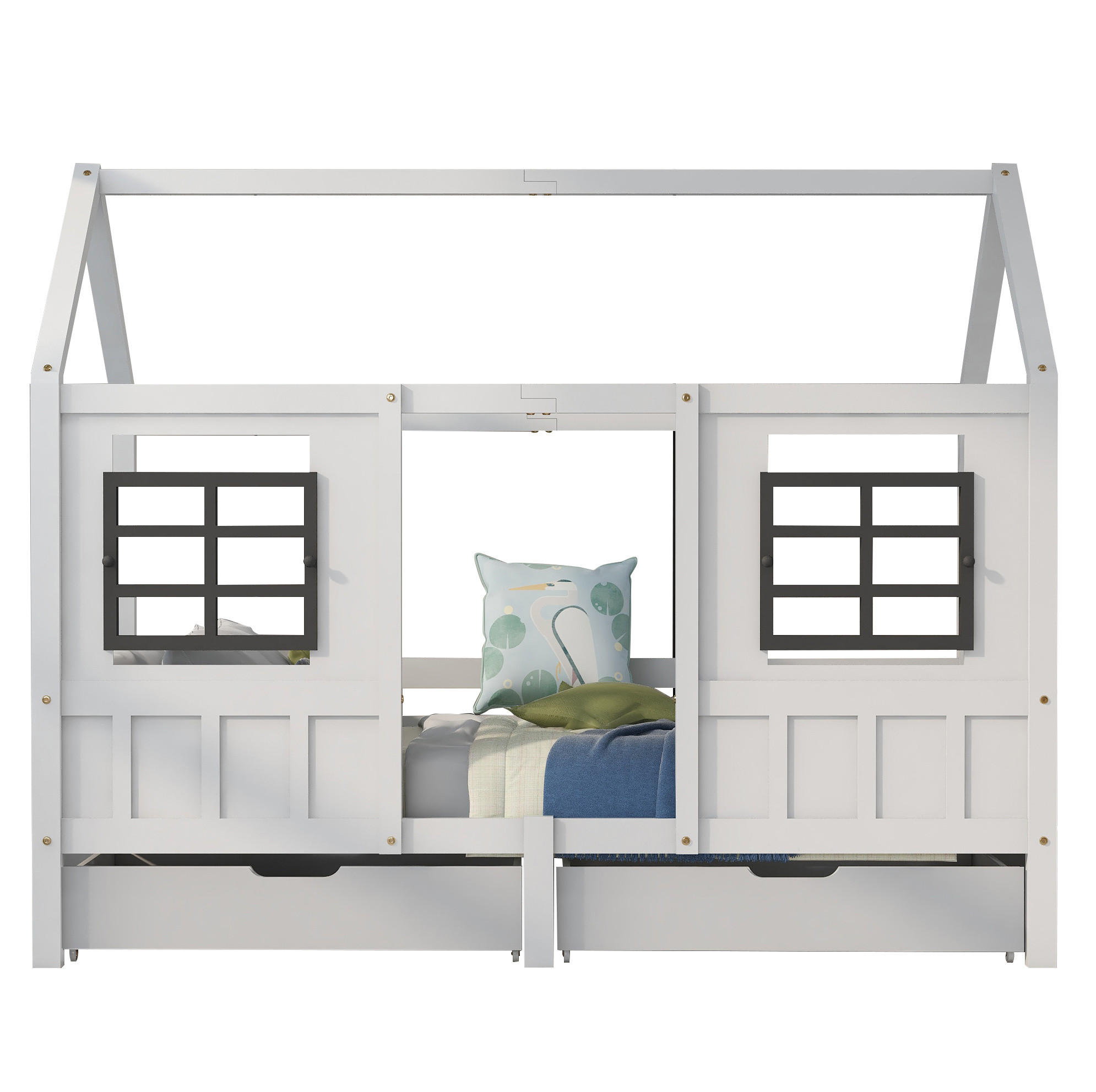 HAUSBETT 200/90 cm Weiß mit 2 Schubladen und Fenstern ohne Matratze - Weiß, Holz (90/200cm) - MIVRAY