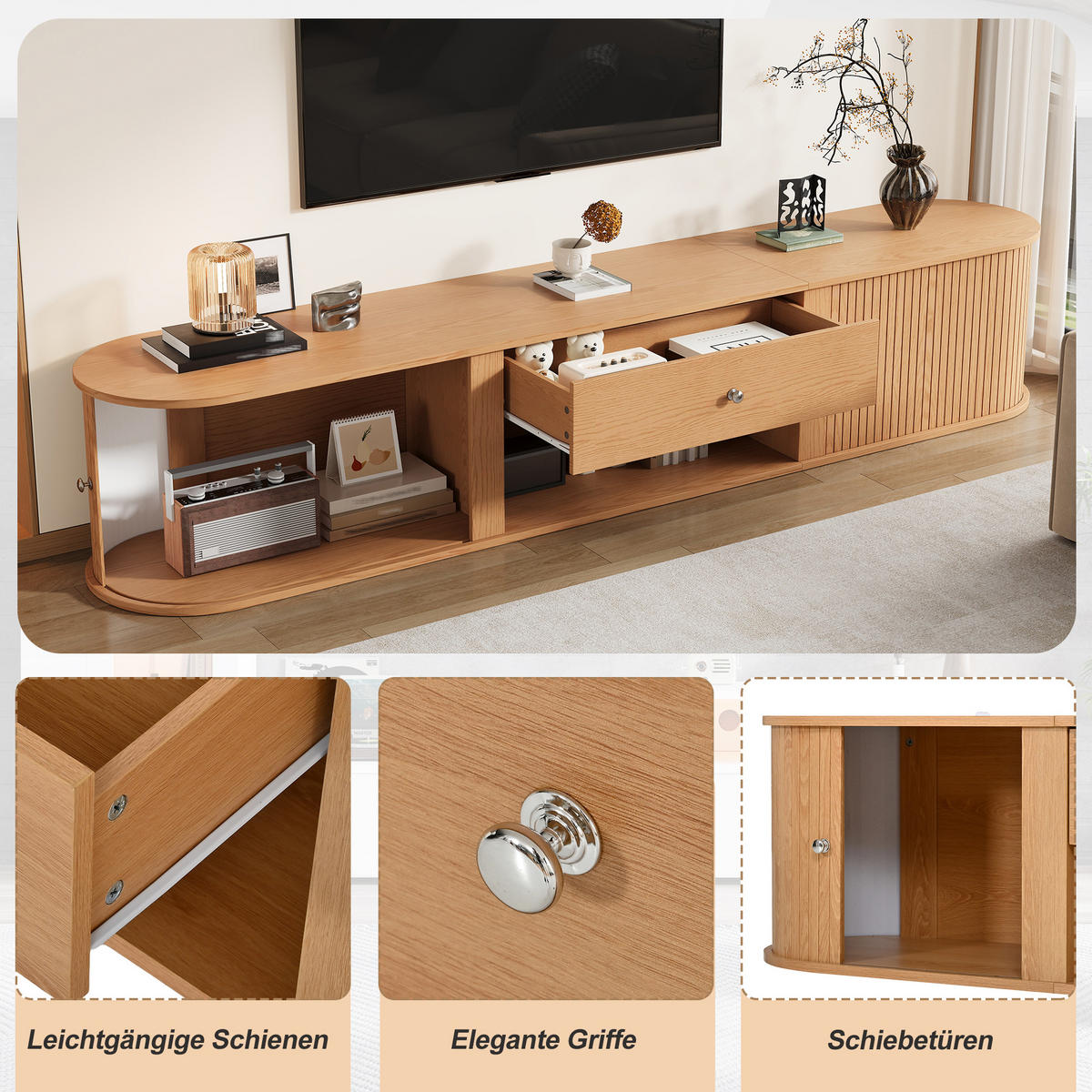 TV-SCHRANK 180x40x40cm Holzfarbe mit 2 Rollo-Türen - Naturfarben, Holzwerkstoff (180/40/40cm) - FLIEKS