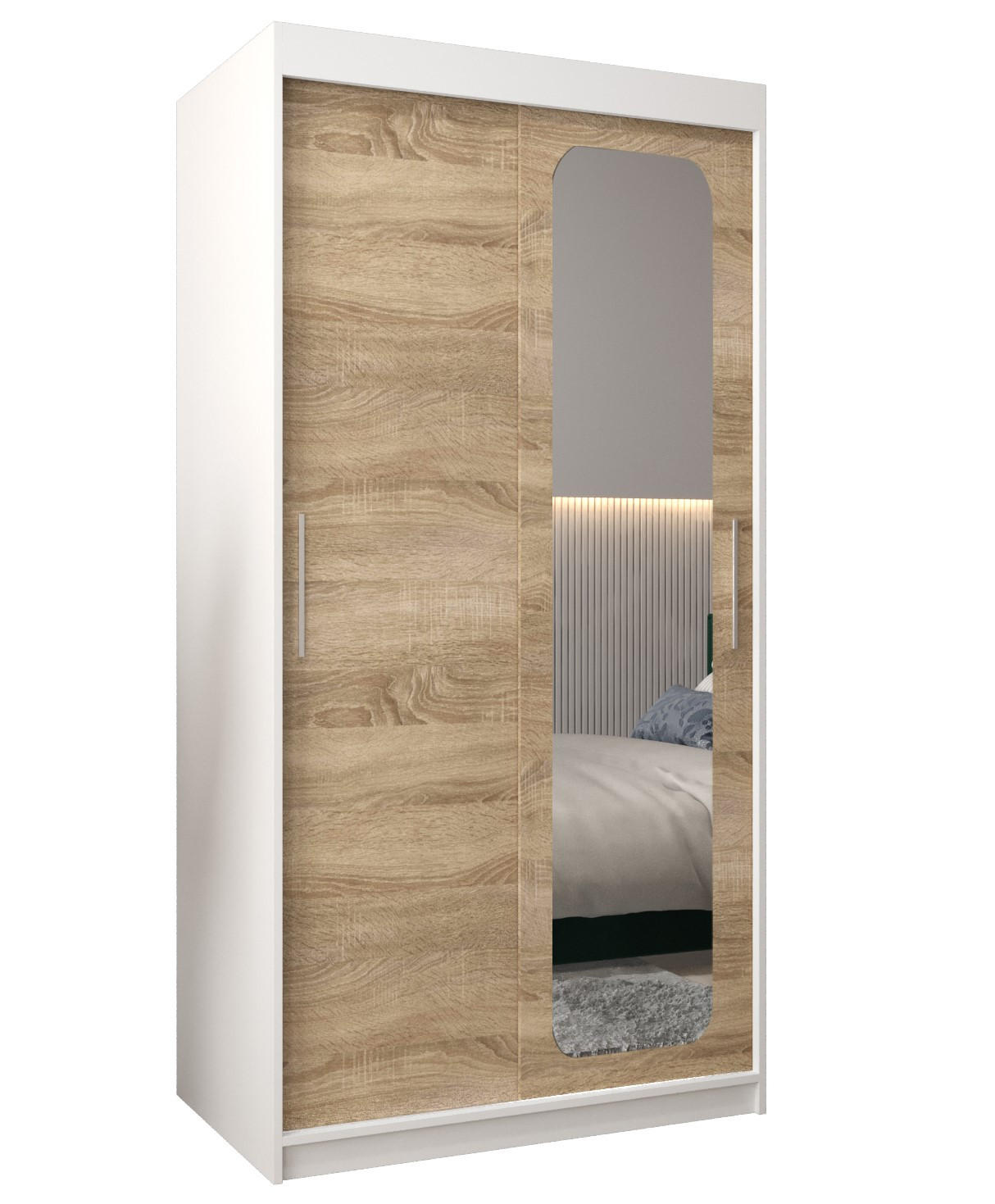 Abiks Möbel Schwebetürenschrank Weiß, Sonoma Eiche 100x200x62 cm