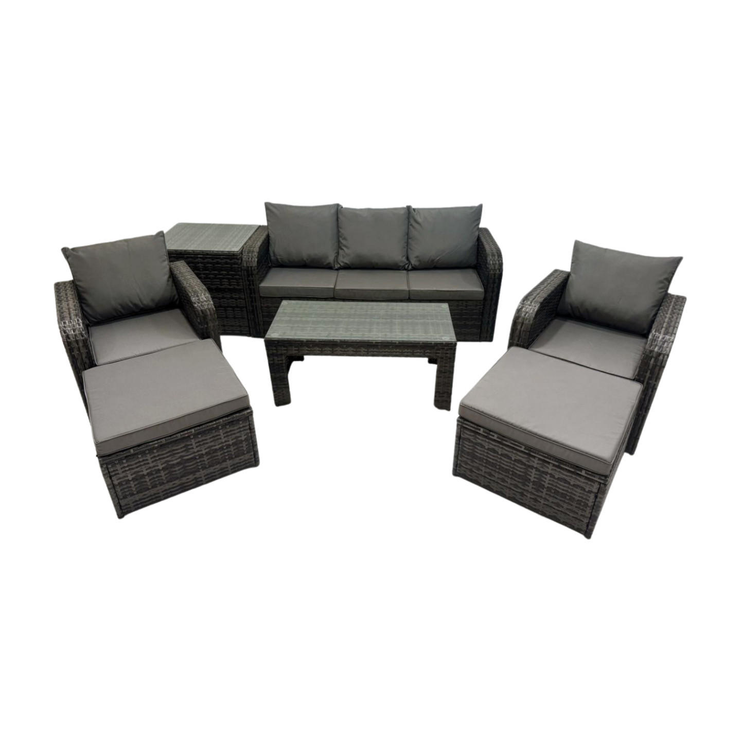 GARTENSOFA SET mit LIEGESTUHL Polyrattan 7-Sitzer Dunkelgrau - Dunkelgrau/Grau, Glas/Kunststoff - Fimous