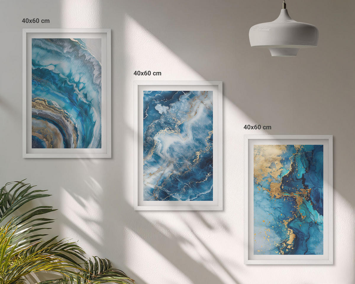 BILDER SET 3er Set - 40x60 cm Weißer Rahmen - Blaue abstrakte Muster - Weiß, Kunststoff (40/60cm) - TULUP