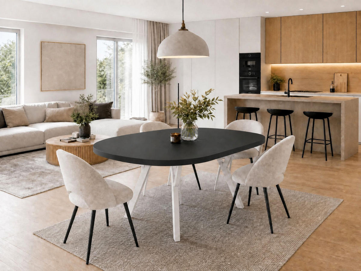 ESSTISCH ausziehbar rund ATO, 90-190 cm, Schwarz, weiße Holzbeine - Schwarz/Weiß, Holzwerkstoff/Buchenholz (90/90/77cm) - VENASI MÖBEL