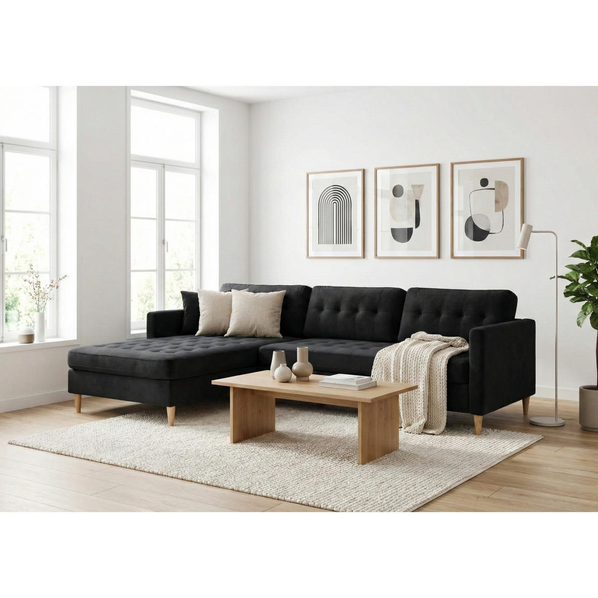 ECKSOFA Velours schwarz - Schwarz, Textil (290/177cm) - ebuy24