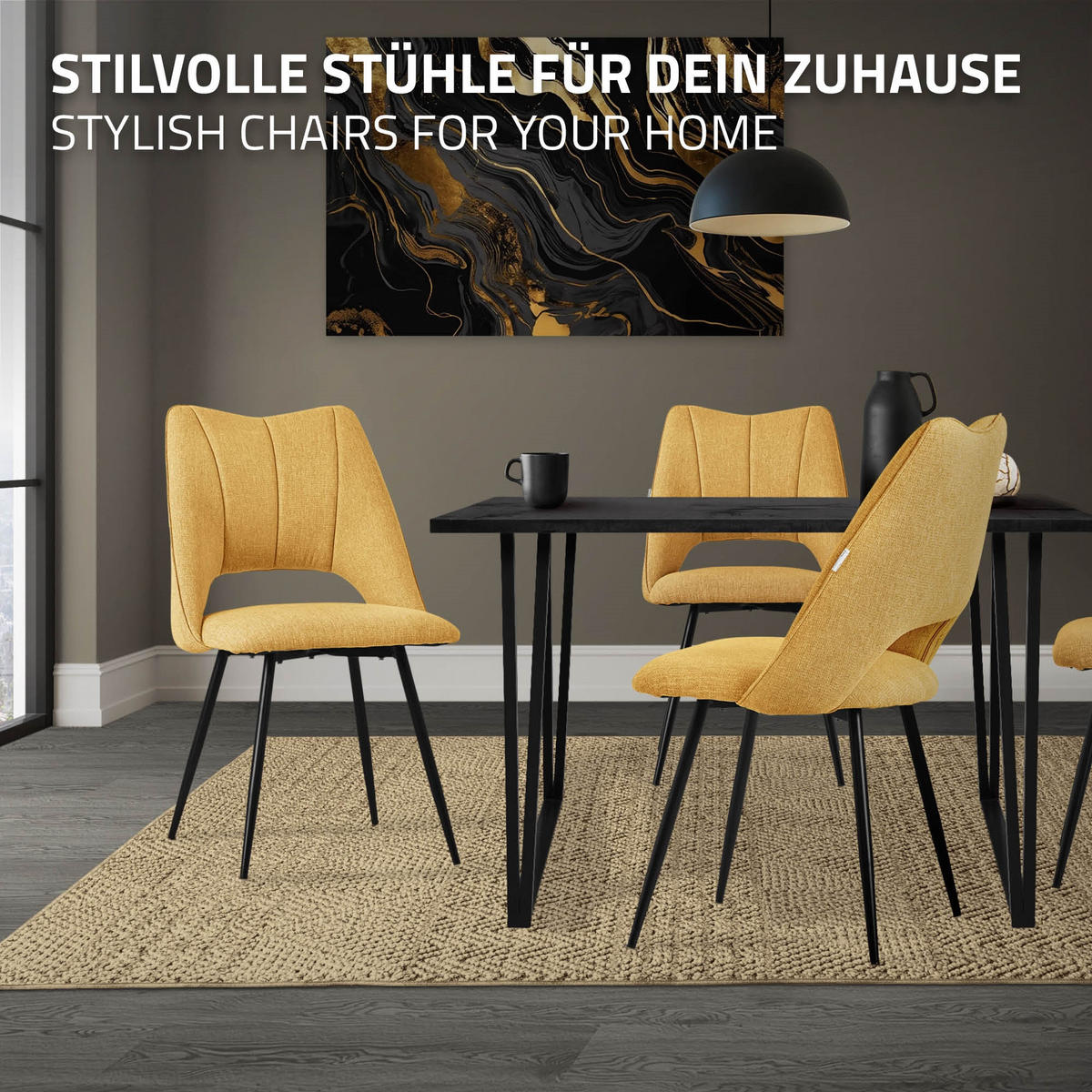 ESSZIMMERSTUHL Senf 2er Set - Gelb/Schwarz, Textil/Metall (57/89/53cm) - ML-DESIGN