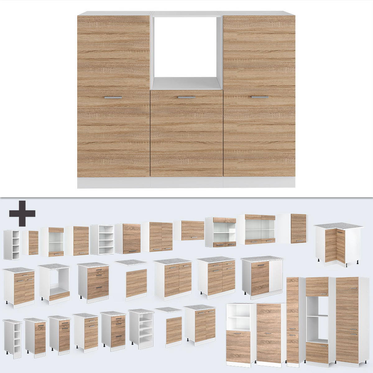 KÜCHENBLOCK R-Line Sonoma/Weiß 180 cm ohne AP - Weiß/Sonoma Eiche, Holzwerkstoff (180/81.6/46cm) - Vicco