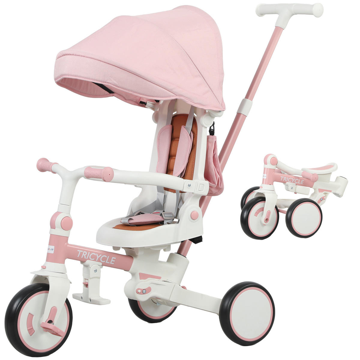 KINDER-DREIRAD DE-10486 5-in-1 wandelbar mit Schiebegriff Rosa - Pink, Metall (96.5/49/101cm) - ComfortXL