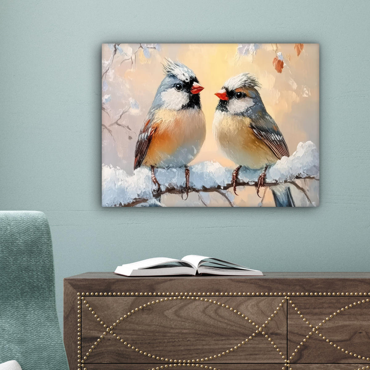 LEINWANDBILD Vögel - Zweig - Winter - Schnee 40x30 cm - Pastellblau, Textil (40/30cm) - MuchoWow