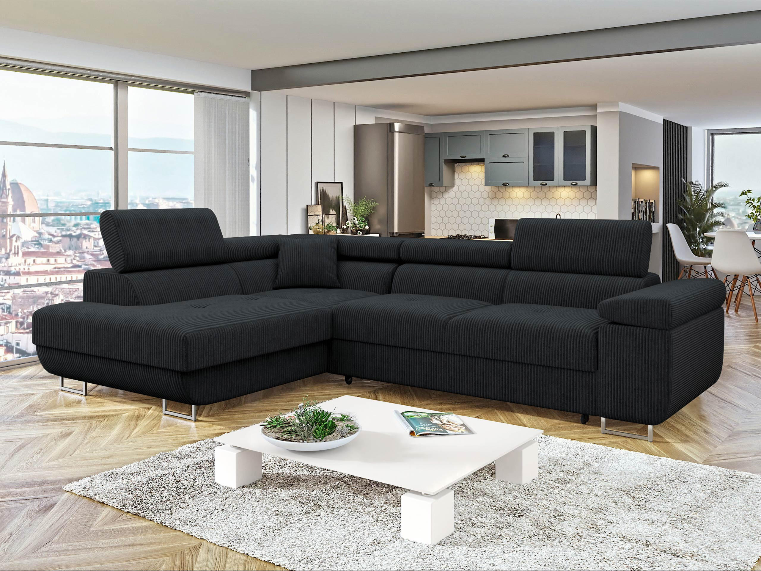 ECKSOFA Torezio Cord, Seite: Links - Schwarz, Holz/Textil (274/203cm) - MIRJAN24