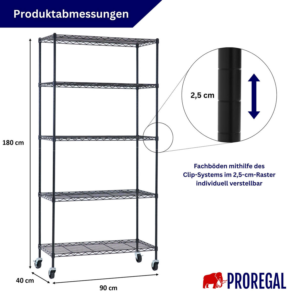 GITTERREGAL HADES mit Rollen & 5 Gitterböden Metall 180x90x40cm Schwarz - Schwarz, Metall (90/180/40cm) - PROREGAL