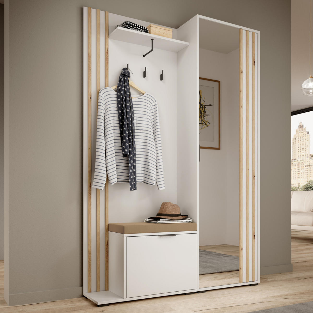 GARDEROBE STILO 131 cm (Weiß, Lamellen Artisan Eiche, Spiegel, Sitzkissen, Metallgriffe) - Schwarz/Weiß, Holz/Holzwerkstoff (131/192/40cm) - Ravio