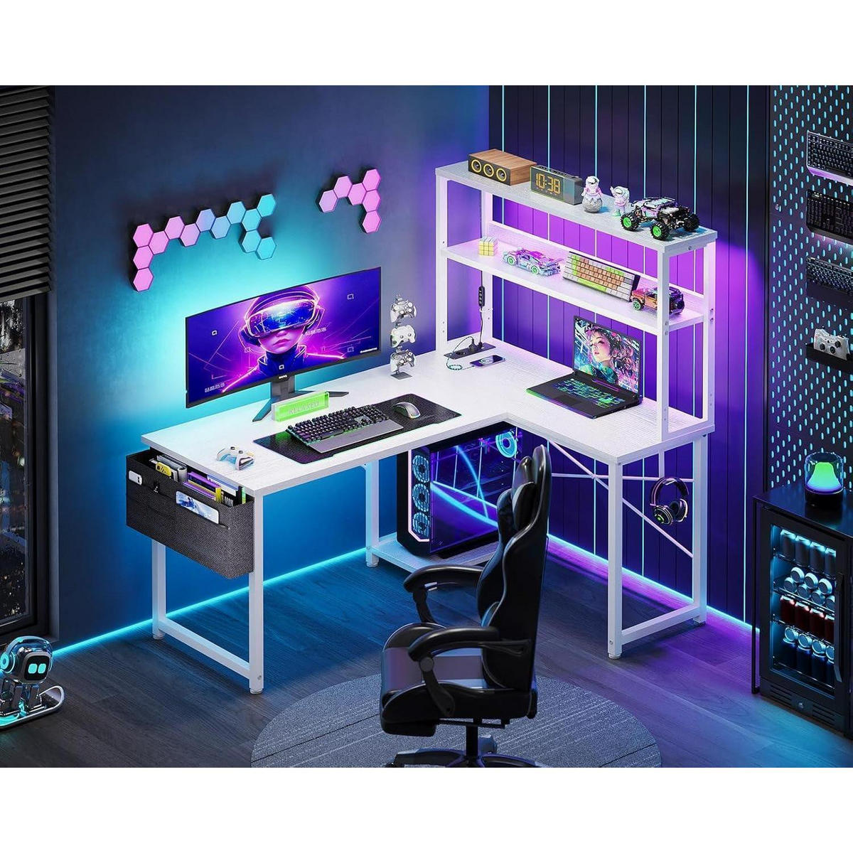 GAMING Tisch L-Form mit LED und Steckdosen Weiß 110 x 80 cm - Weiß, Holzwerkstoff (80/110/75.6cm)