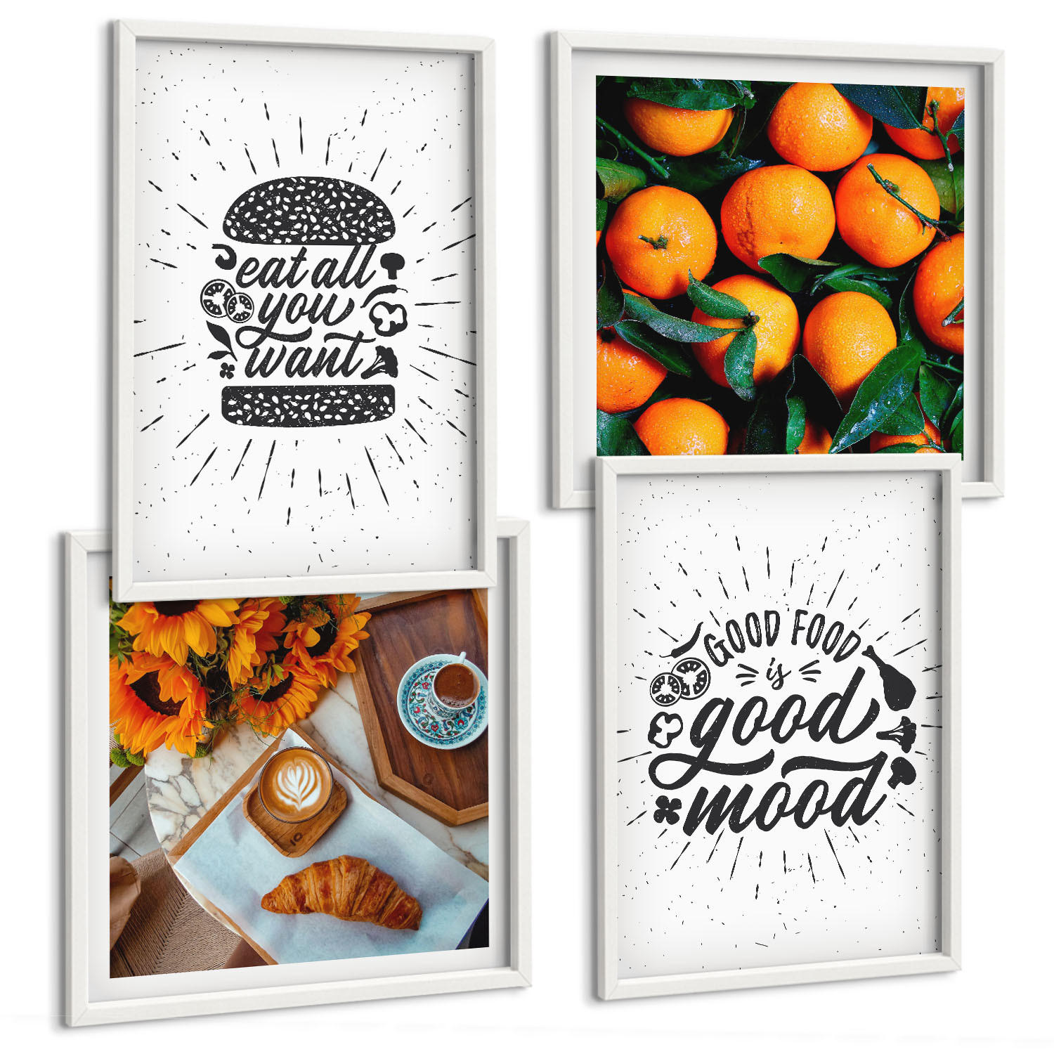 BILDER SET 4er Set - 50x50 cm & 40x60 cm Weißer Rahmen - Juicy Oranges Kitchen - Weiß, Kunststoff (50/50cm) - TULUP