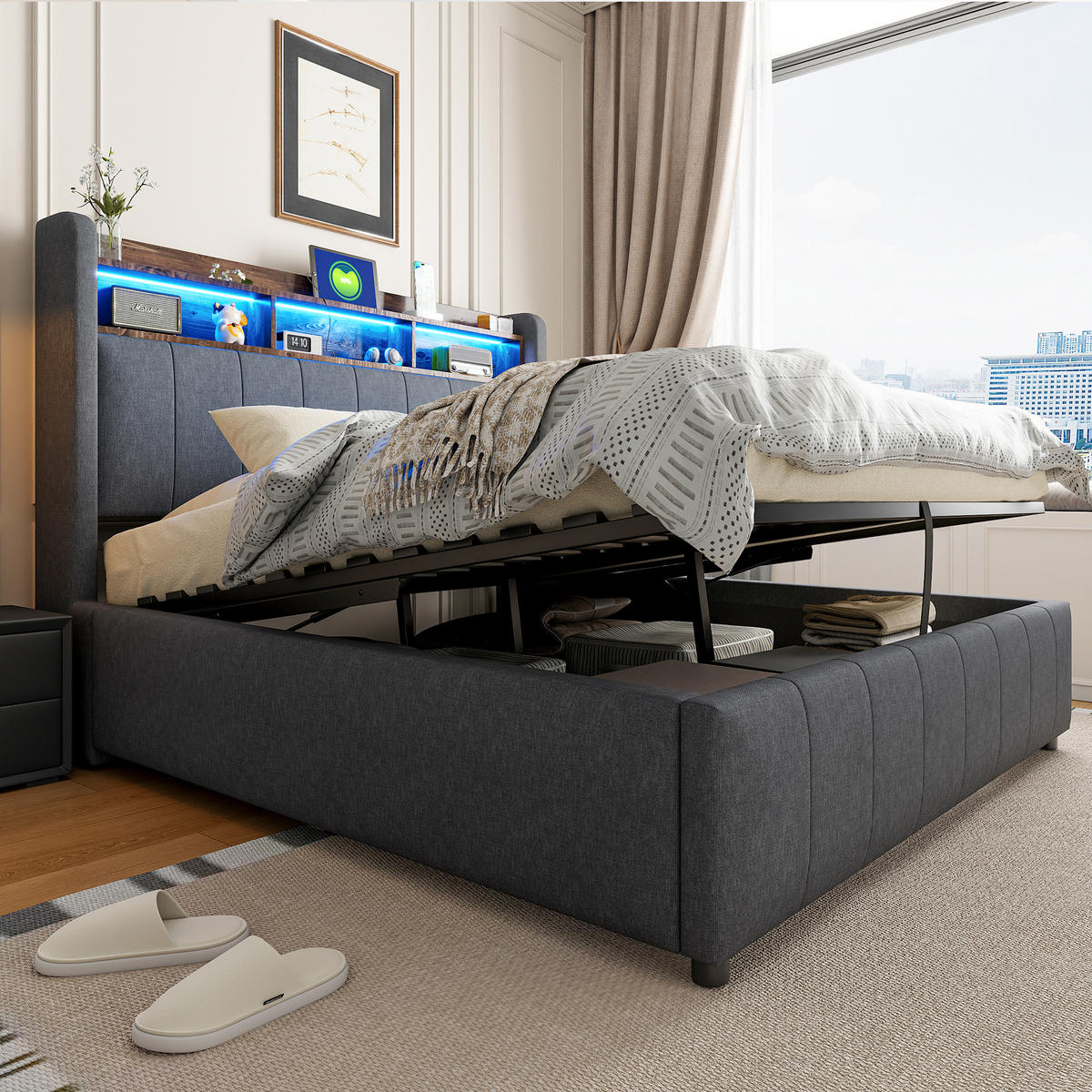 POLSTERBETT 140/200 cm in Grau Leinen mit Bettkasten, LED, USB und Type-C - Grau, Holzwerkstoff/Textil (140/200cm) - WISHDOR