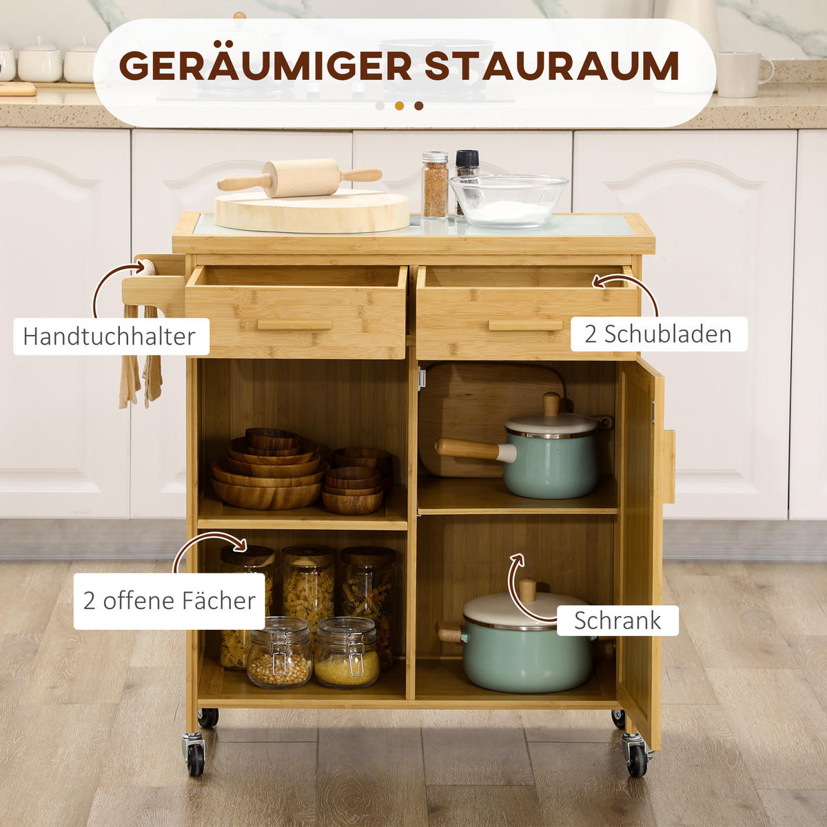 KÜCHENWAGEN, Bambus, Naturholz - Naturfarben, Naturmaterialien (36/85/84cm) - HOMCOM