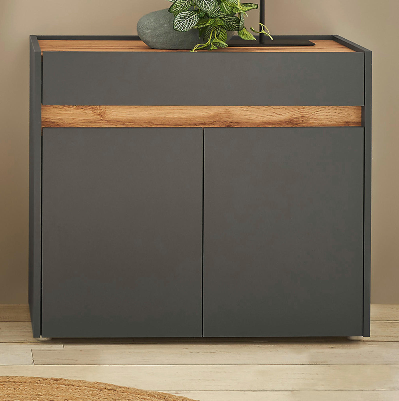 FLURKOMMODE grau matt, Eiche Wotan 80 cm, Schuhschrank mit Schubkästen - Silberfarben/Eiche Wotan, Holzwerkstoff/Kunststoff (80/70/40cm) - Furn.Design