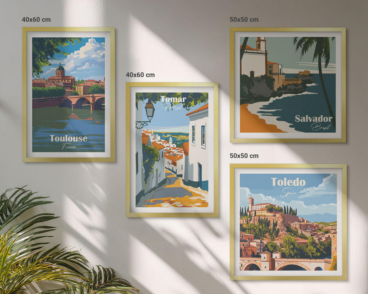 WANDBILDER 4er Set - 50x50 cm & 40x60 cm Goldrahmen - Retro-Stadtgrafiken - Goldfarben, Kunststoff (50/50cm) - ArtPrintCave