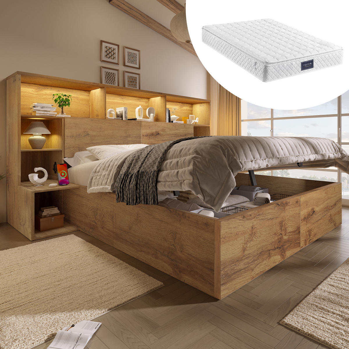 BETT 160/200 cm in Eiche mit Bettkasten, LED, USB und integrierten Nachttischen Holzoptik - Eichefarben, Holzwerkstoff/Metall (160/200cm) - STILVORA