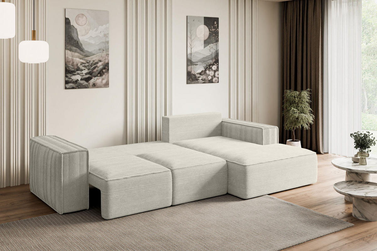 ECKSOFA mit Schlaffunktion und Bettkasten SERRA-L-S - 266x161x87 cm Hellgrau Cord - Hellgrau/Schwarz, Holzwerkstoff/Kunststoff (266/161cm) - ALTDECOR