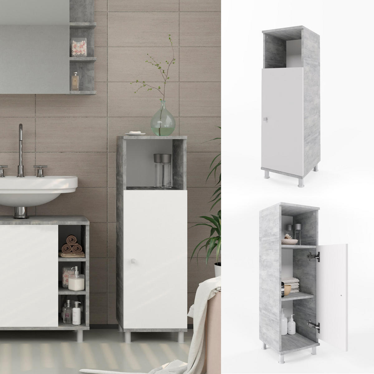 MIDISCHRANK Fynn Beton 30 x 95 cm - Weiß/Grau, Holzwerkstoff (30/95/30cm) - Vicco