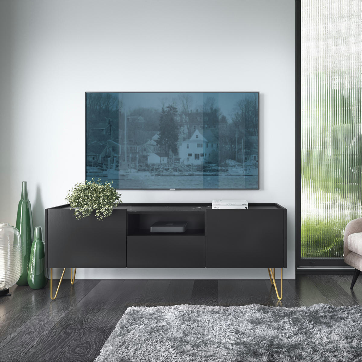 WOHNWAND Canmore 2, 2-er Set, Scharnier Häfele Marmor Schwarz Graphit Schwarz - Graphitfarben, Glas/Holzwerkstoff (241/122/37cm) - Komodee