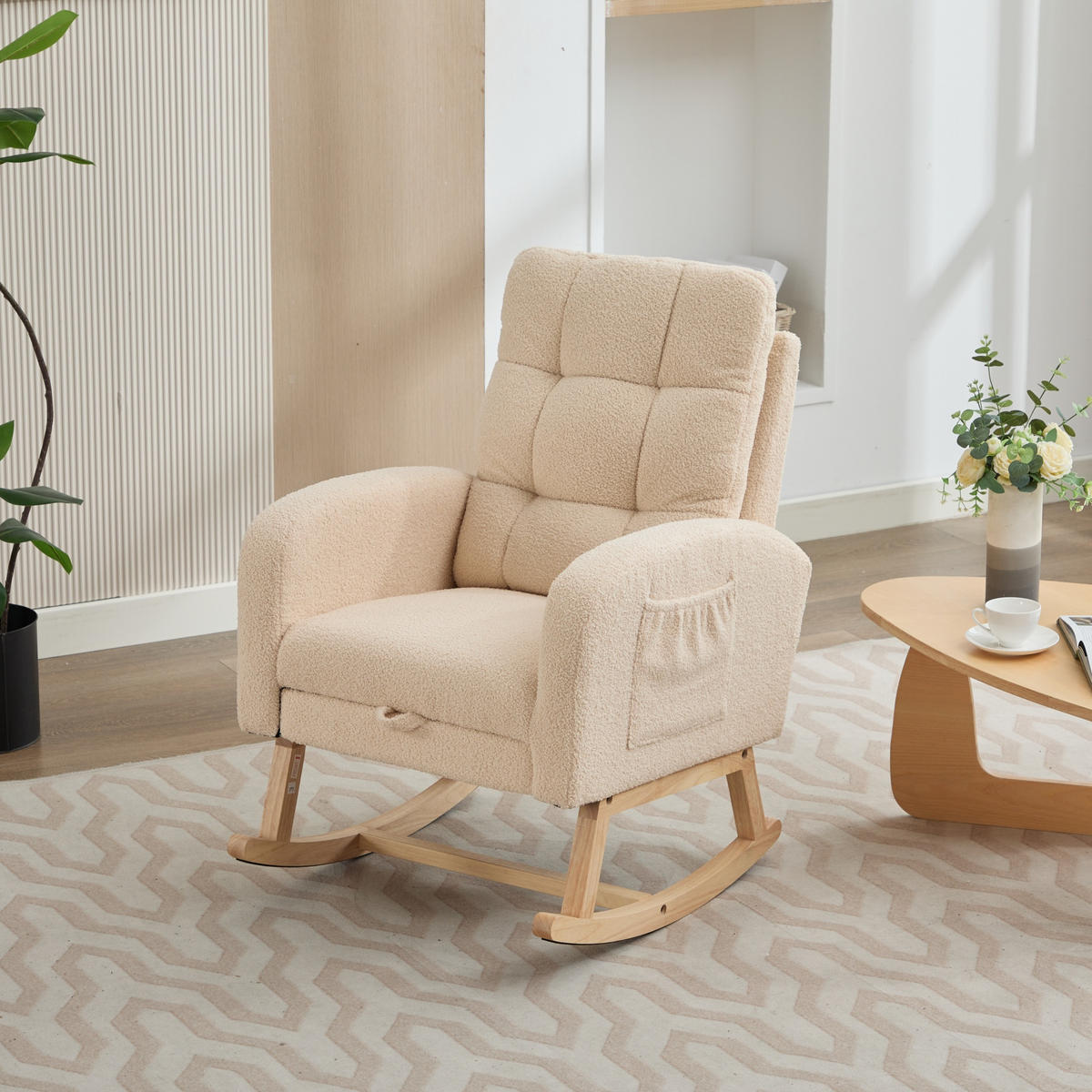 SCHAUKELSTUHL Bouclé Beige mit Seitentasche - Beige, Holzwerkstoff/Textil (50/99/132cm) - WISHDOR