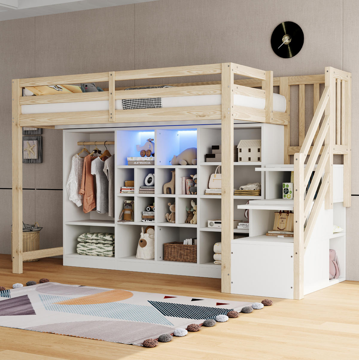 HOCHBETT 90/200 cm mit LED-Beleuchtung, Stauraumfächern und Kleiderschrank, Natur /Weiß - Naturfarben, Holzwerkstoff (90/200cm) - Redom