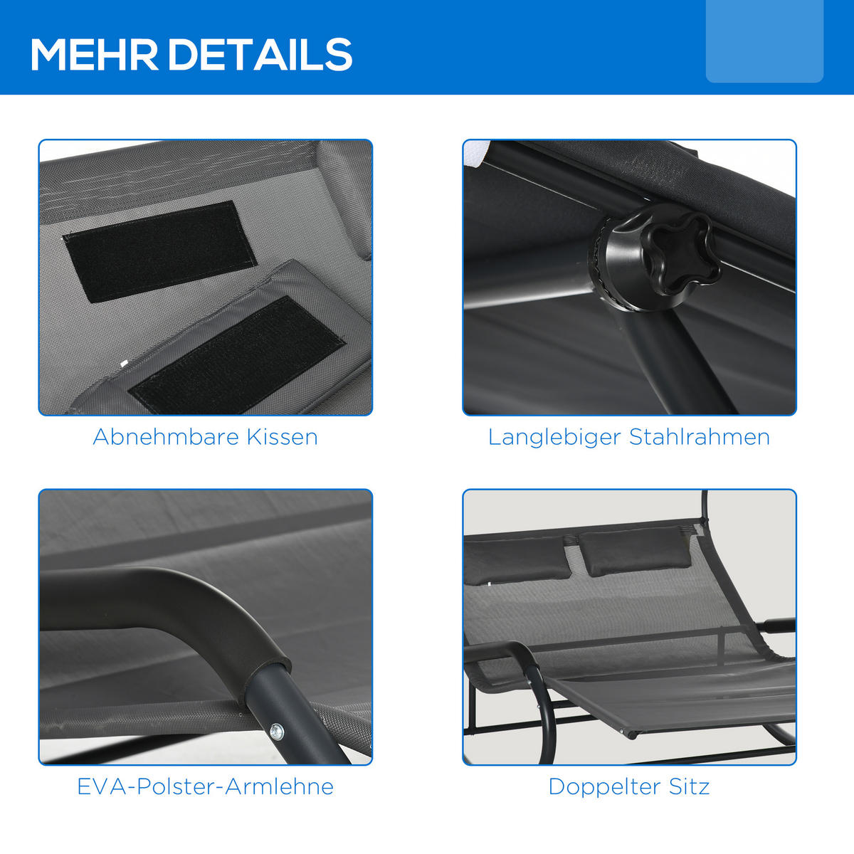 SONNENLIEGE aus Stahl 200x139x140 cm in Dunkelgrau mit Sonnendach - Dunkelgrau, Metall (139/140/200cm) - Modfu