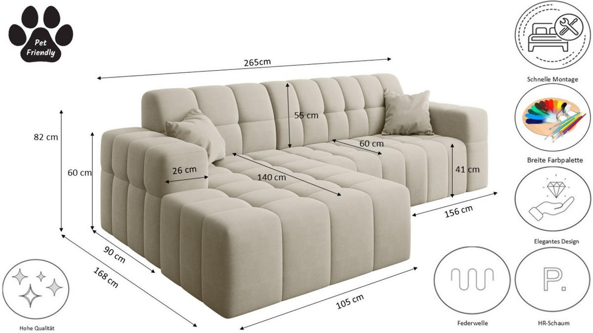 ECKSOFA L-förmiges Nimes Velours Stoff Ecru Links - Ecru, Holz/Kunststoff (168/265cm) - Kaiser Möbel