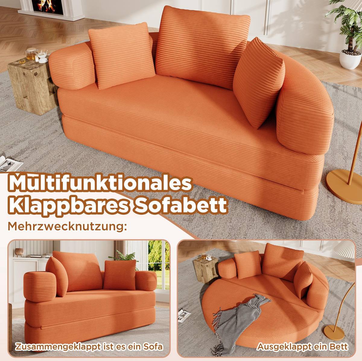 SCHLAFSOFA 173/88/60 cm in Orange – faltbar und als Gästebett nutzbar - Orange, Textil (176/40/173cm) - BEAOK