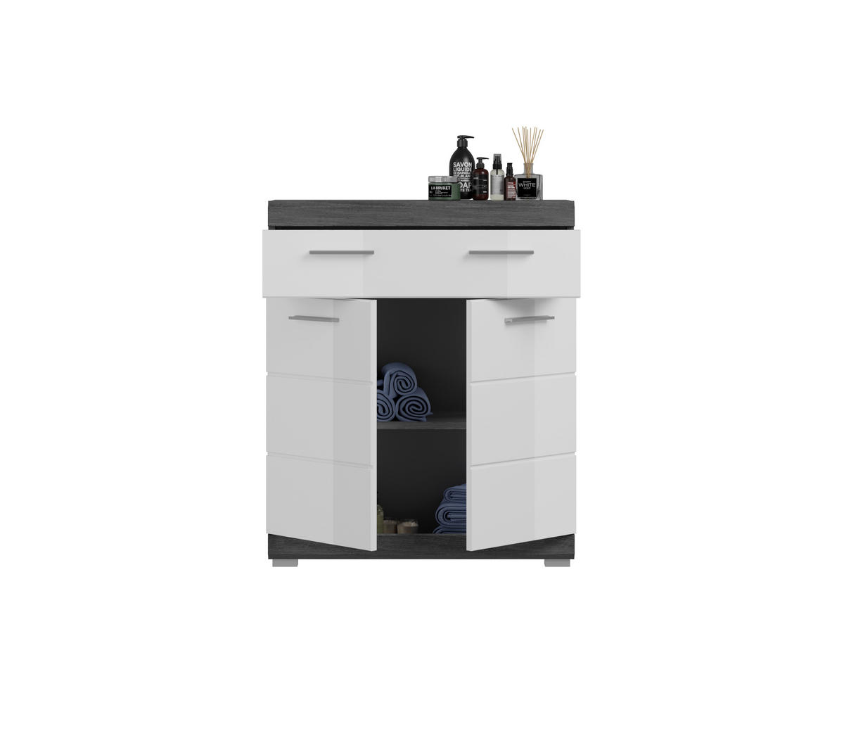 STANDSCHRANK Scout Bad in Rauchsilber Nachbildung und weiß hochglanz B/H/T: 74x88x31 cm - Silberfarben, Holz (74/88/31cm)