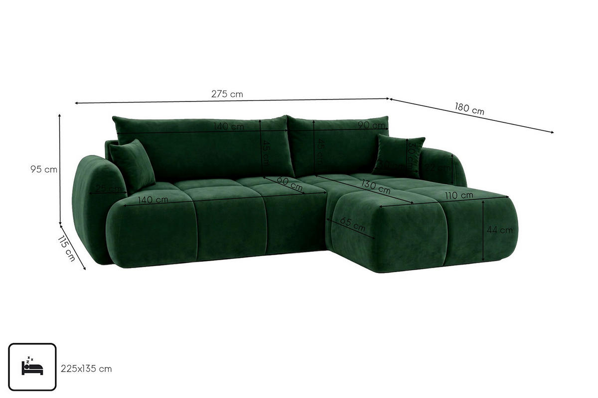ROHOVÁ SEDAČKA s rozkládací funkcí a úložným prostorem, sametová látka Bluvel, Zelená, Pravá, COCO - zelená barva, dřevo (275/180cm) - Kaiser Möbel