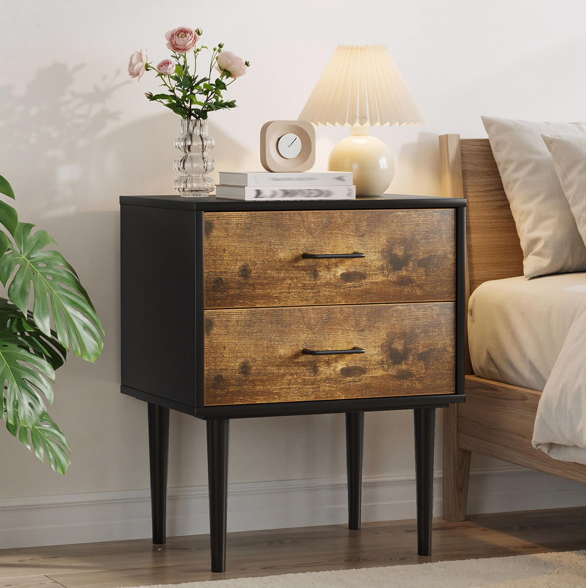 NACHTTISCH aus MDF 51x38x66 cm Antikbraun mit 2 Schubladen im Retro-Design - Braun, Holzwerkstoff (51/66/38cm) - Modfu