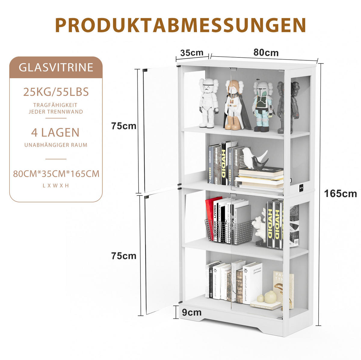 VITRINE 80/35/165 cm in Weiß mit LED-Beleuchtung und Glastüren - Weiß, Holzwerkstoff (80/165/35cm) - Flora Grace