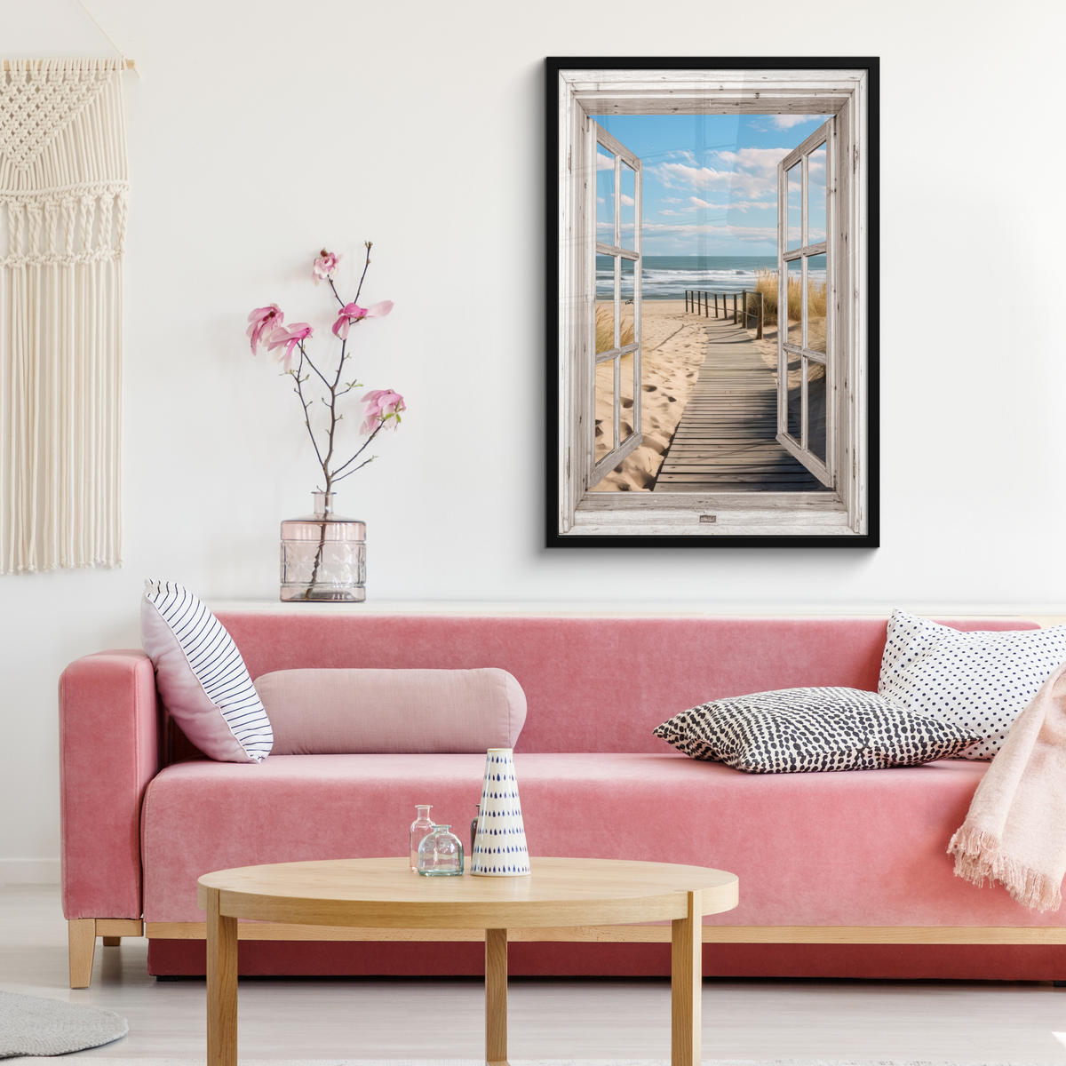 ZARÁMOVANÝ PLAGÁT Okno - more - pobrežie - príroda - výhľad - pláž - Waddenské more 60x90 cm - béžová, papier (60/90cm) - MuchoWow