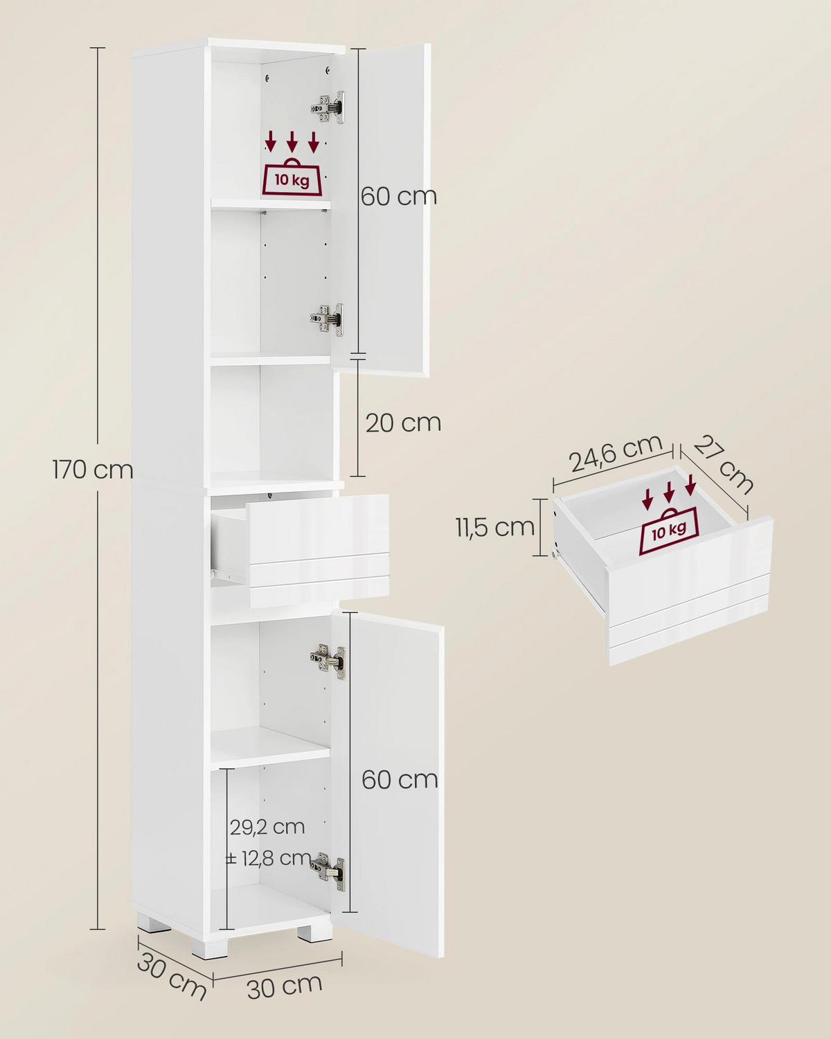 BADEZIMMERSCHRANK DUSHANBE - Weiß, Holzwerkstoff (30/170/30cm) - Hansiro