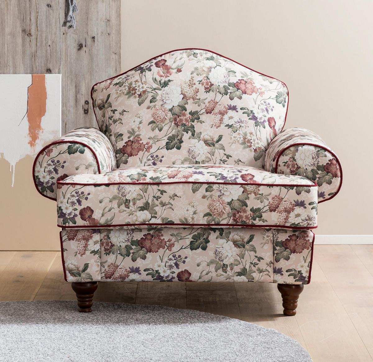 SESSEL creme Landhaus, Blumen Design, Loungesessel 110 cm - Rot/Multicolor, Holz/Textil (110/96/90cm) - Furn.Design