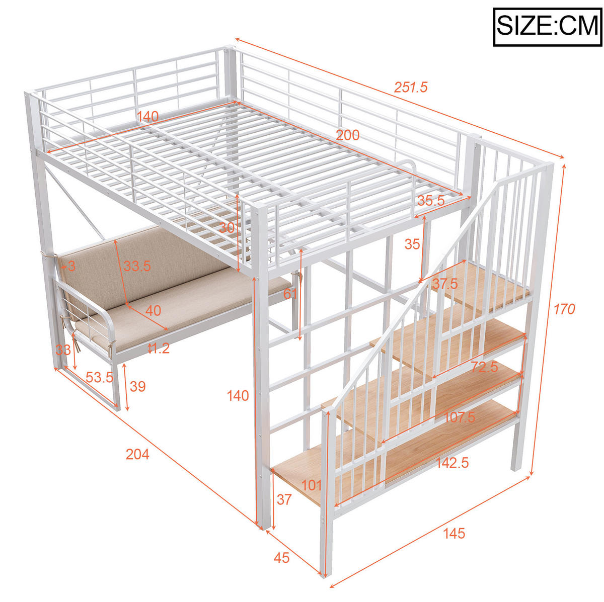 ETAGENBETT 140/200 cm Weiß mit Polstersofa und Stauraumleiter ohne Matratze - Weiß, Metall (140/200cm) - MIVRAY