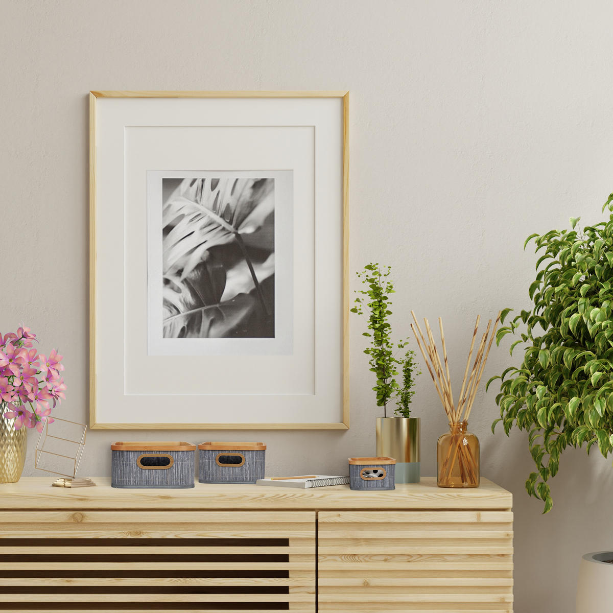 3XAUFBEWAHRUNGSKORB - Grau, Holz/Wellpappe (33.5/41/17cm) - Relaxdays