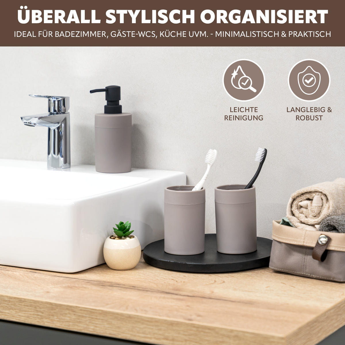 BADEZIMMER-SET SAVONA, Soft-Touch, taupe, rund - Taupe, Kunststoff (9/16/7cm) - bremermann