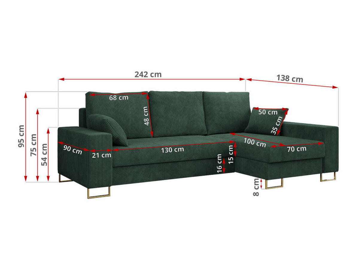 ECKSOFA Dorian Cord Grün - Goldfarben/Grün, Textil/Metall (242/138cm) - MKS