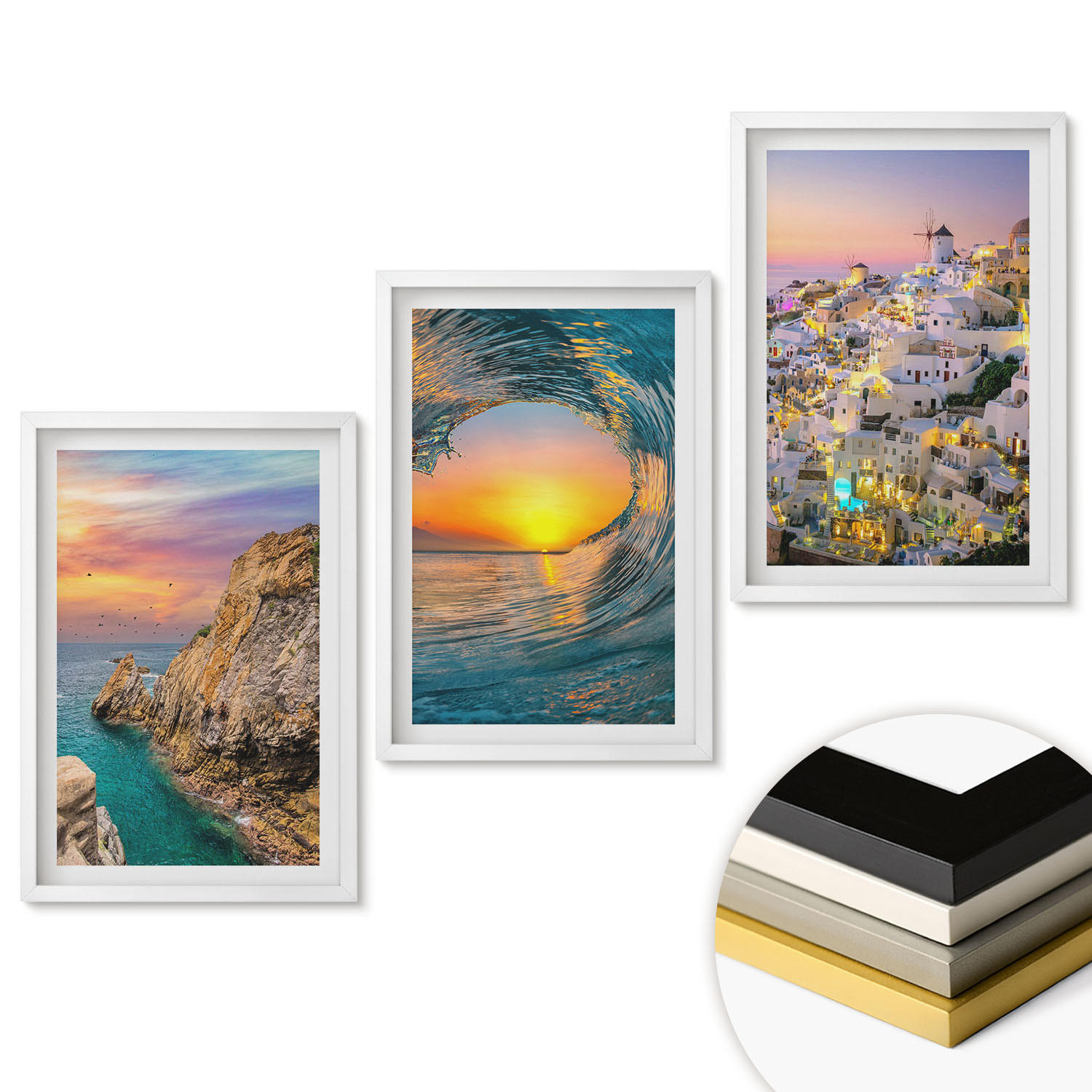 WANDBILDER 3er-Set - 40x60 cm Weißer Rahmen - Meereswellen, weiße Häuser, Santorini - Weiß, Kunststoff (40/60cm) - ArtPrintCave
