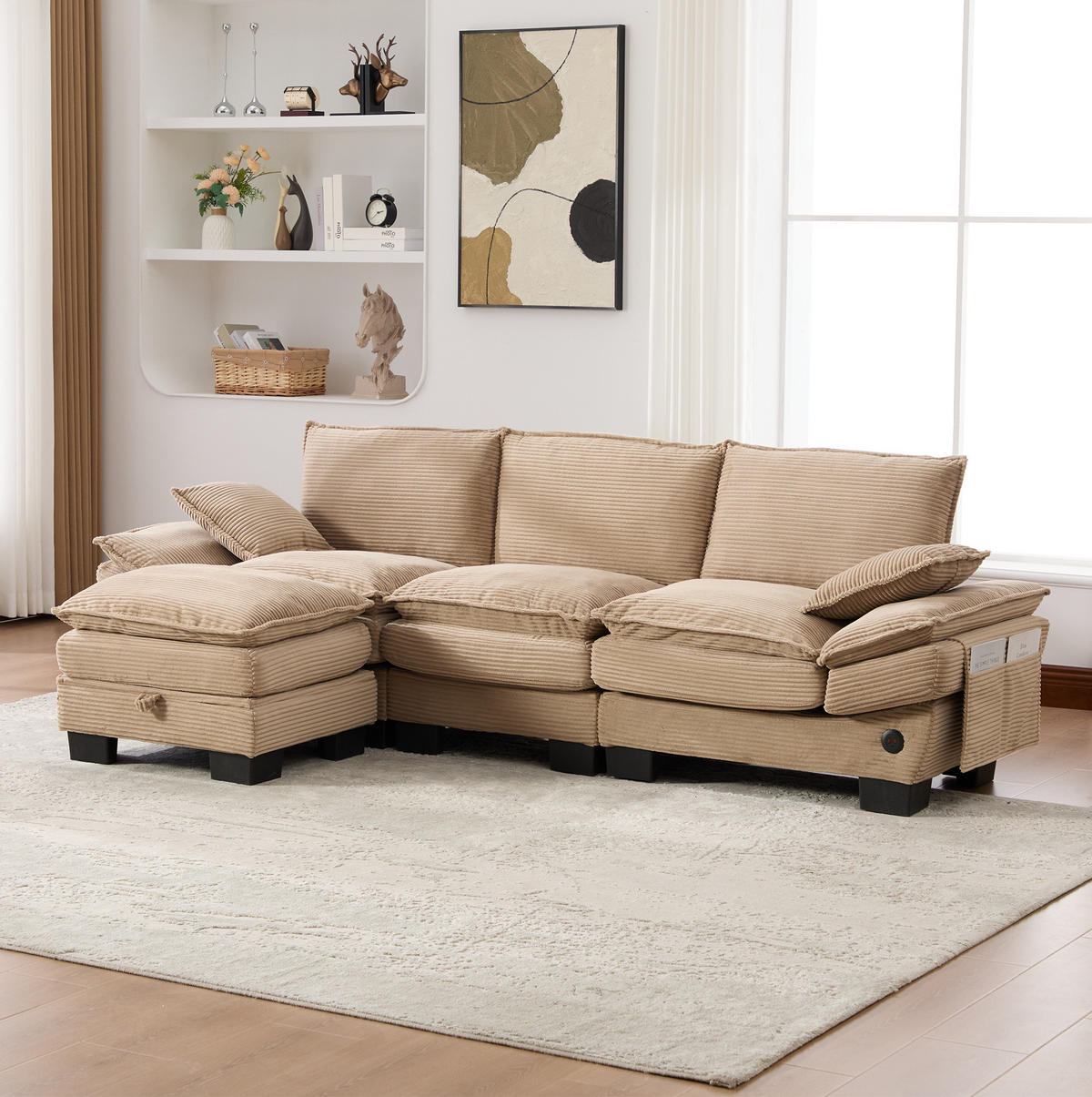 ECKSOFA 260/132/84 cm khaki aus Cord mit Hocker - Sandfarben, Textil (132/260cm) - OKWISH