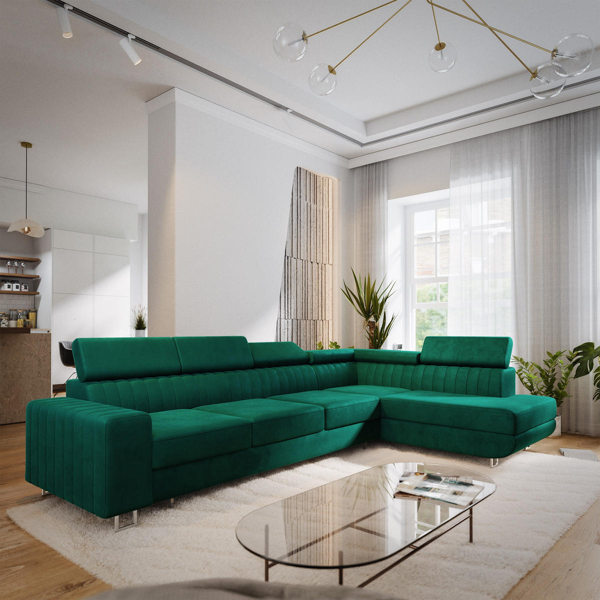 ECKSOFA HESTION Grün Velours-Stoff mit Schlaffunktion - Grün, Holz (332/190cm) - MASSENO