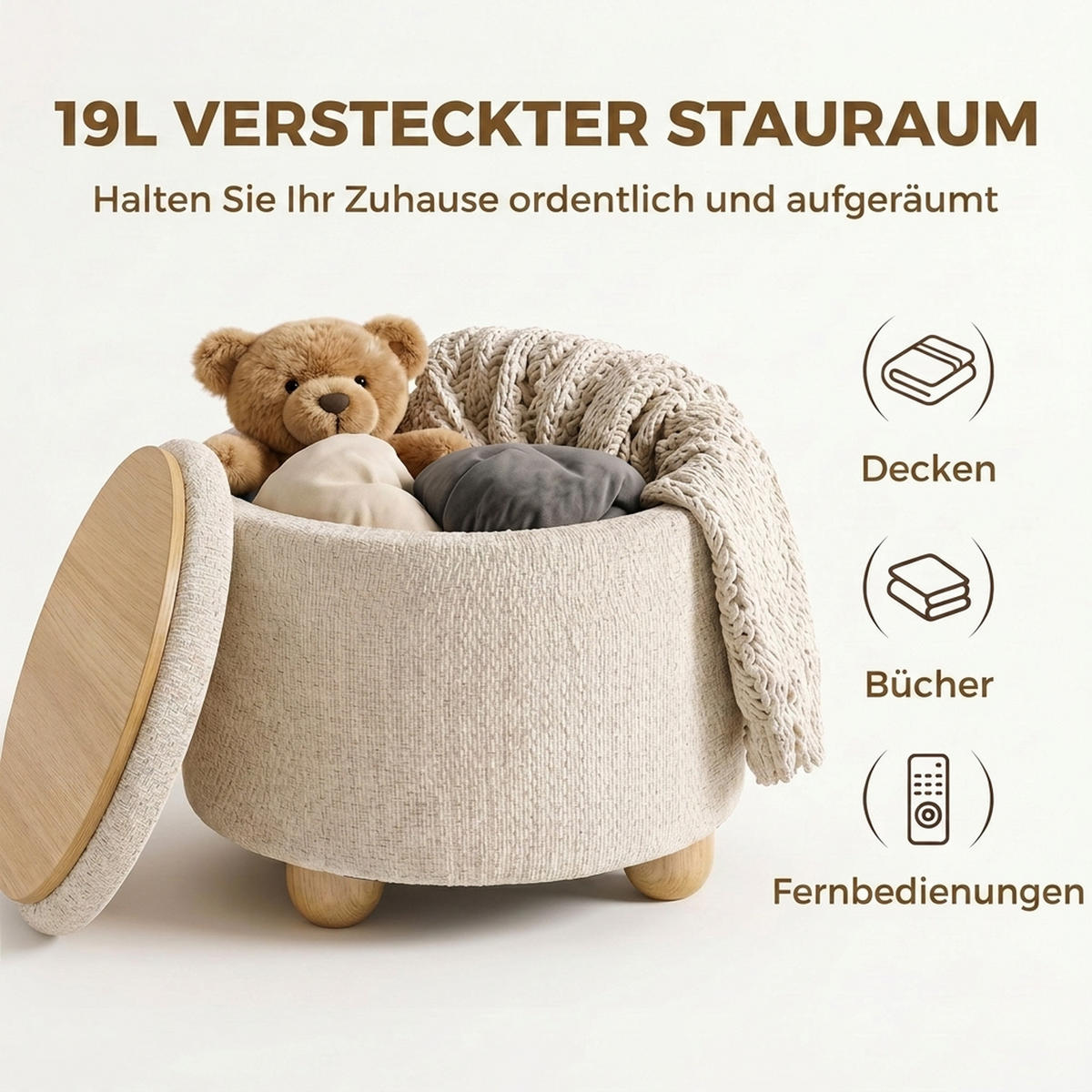 OTTOMAN med förvaringsutrymme, polyester, beige - Beige, Trä/Textil (38.5/33.5/38.5cm) - HOMCOM
